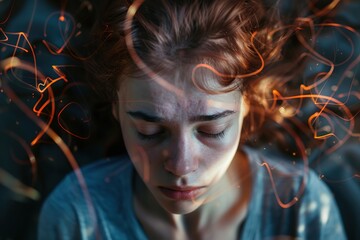 Poster - Portrait of a young woman with anxiety surrounded with negative thoughts in mind