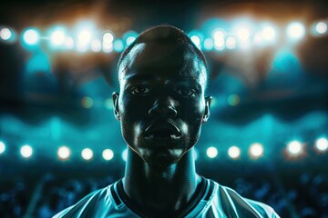 Poster - Portrait of African athlete in a soccer jersey standing strong in a stadium, with an intense gaze and stadium lights shining down