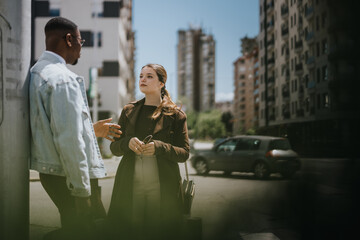 In a sunlit city scenario, a casually dressed man and woman engage in a conversation, with city buildings and passing cars in the background.