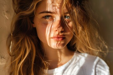 Poster - Portrait of beautiful young caucasian girl with blonde long hairs wearing white t-shirt. Younh woman looking to camera with hard sunlight shadows on her face. Closeup