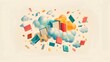 © GreenOptix - minimalistic artwork depicting files, folders, videos, photos all flying towards fast, unlimited, reliable cloud storage servers, light colored background