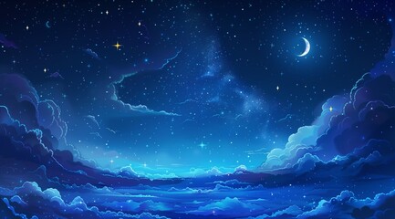 Wall Mural - beautiful starry night sky, crescent moon above clouds. celestial background with glowing constellat