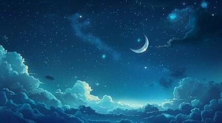 Wall Mural - beautiful starry night sky, crescent moon above clouds. celestial background with glowing constellat