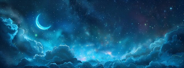 Wall Mural - beautiful starry night sky, crescent moon above clouds. celestial background with glowing constellat