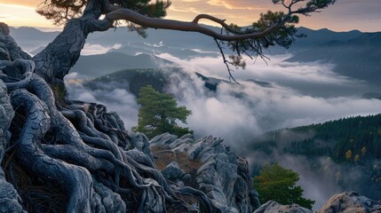 Wall Mural - Beautiful mountain landscape with view from the top of the mountains in layered clouds, tree roots on rocks and pine trees at sunrise. The landscape is in the