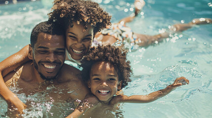 Joyful family enjoying swimming and playing together in a vibrant blue pool