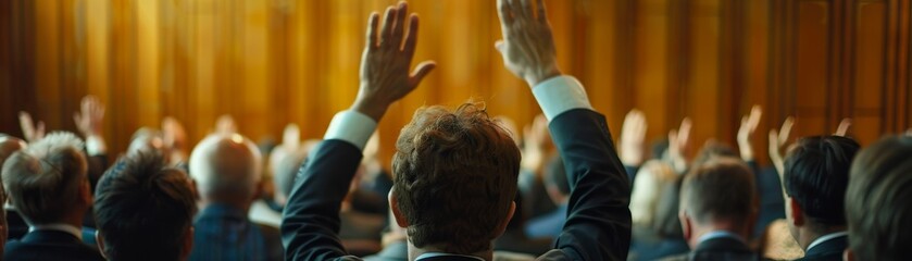 A conference and convention at a corporate event businesspeople raise their hands 