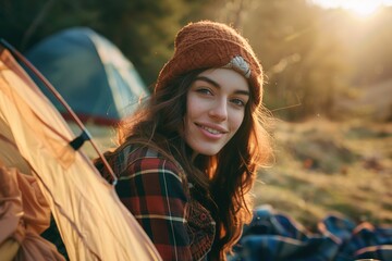 Canvas Print - Portrait of happy captivating young woman enjoying camping in a beautiful outdoor landscape with natural lighting