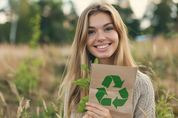 Wall Mural - Portrait of happy smiling woman holding paper with green recycling sign over natural background. Eco living, environment and sustainability concept