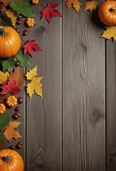 Wall Mural - autumn leaves with pumpkins on wood, Halloween/Thanksgiving Season Design