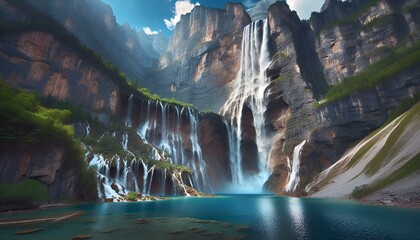 Poster - AI-generated illustration of a waterfall cascades through a canyon surrounded by towering rocks