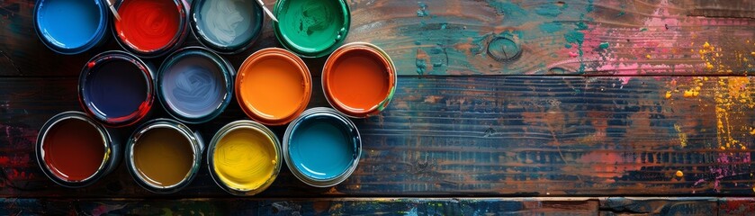 Multicolored paint cans with a color swatch and a paintbrush