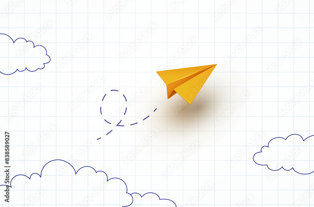 School notebook background. 3d flying yellow paper airplane. Vector ...