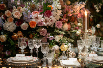 An exquisite table setting at a luxury wedding, featuring elegant tableware, sparkling crystal glasses, and intricate place cards