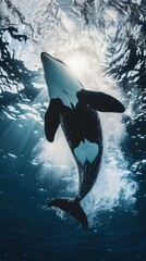 Wall Mural - Orca jumps out of the ocean. Orca whale emerges powerfully from the chilly waters, creating a dynamic interplay of movement and light. 