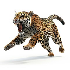 Wall Mural - Jumping Jaguar in the style of advertisements, on the hind legs, open mouth, teeth, attacking, isolated on white, minimalistic, low angle, Realistic