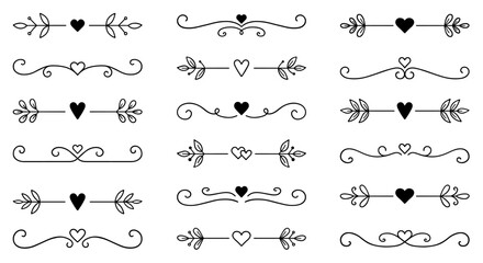 Wall Mural - text dividers with hearts doodle set. wedding decorative elements. divider ornament, borders, lines.