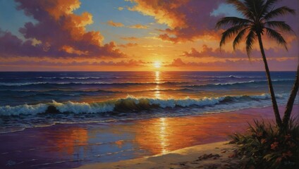 Wall Mural - Sunset on the beach with palm trees