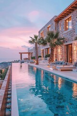 Wall Mural - An extra large pool in a Greek architecture luxury stone villa with surrounded by palm trees and modern outdoor seating