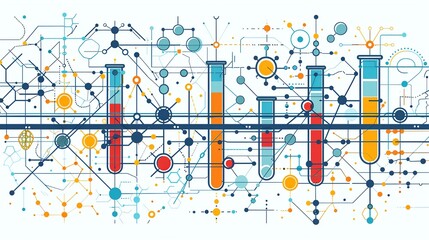 Wall Mural - Flat color background with a mix of geometric shapes and molecular diagrams, featuring icons of biotechnology like test tubes and gene editing tools integrated into the design. Flat color