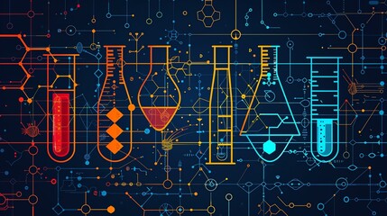 Wall Mural - Flat color background with a mix of geometric shapes and molecular diagrams, featuring icons of biotechnology like test tubes and gene editing tools integrated into the design. Flat color