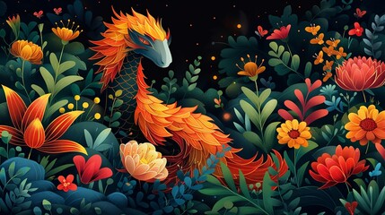 Naklejka na meble Beautiful nature scene featuring a chimera amidst a garden of vibrant, oversized flowers, with the mythical creature and natural elements creating a captivating, enchanting image. Flat color