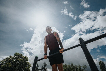 Sticker - A fit man with tattoos smiles while exercising on parallel bars in a sunny urban park, representing an active and healthy lifestyle.