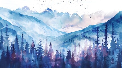 Watercolor painting of forest and mountain landscape