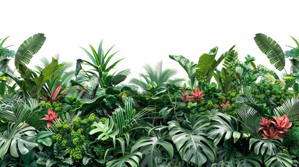Wall Mural - lush green tropical foliage wall exotic plants and flowers nature backdrop cut out isolated on white high resolution photo