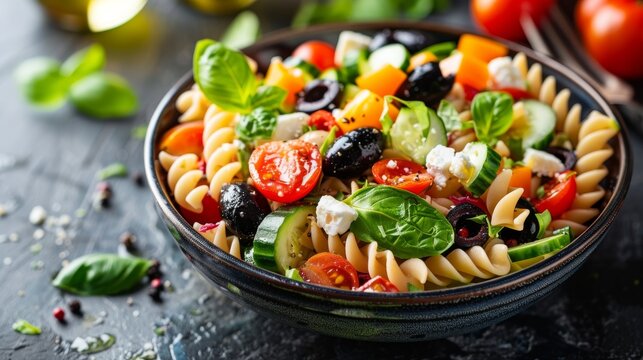 Freshly made tomato and cucumber pasta salad with black olives, cheese, and green leaves in a ceramic bowl