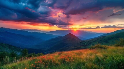 Wall Mural - majestic sunset over rugged mountain landscape with dramatic sky and warm colors scenic photograph