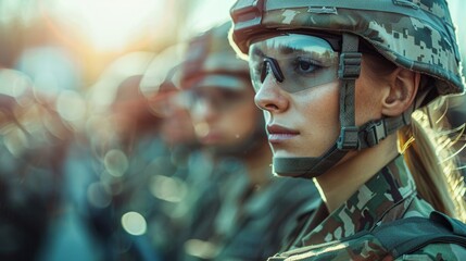 The intense gaze of a female soldier in a helmet and camo suggests readiness and determination