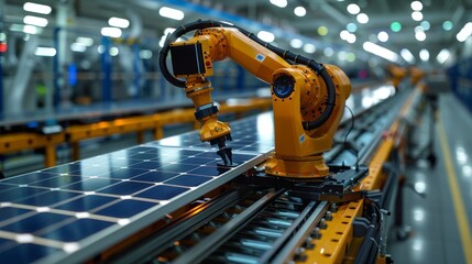 Wall Mural - Close-up shot of a robotic arm engaging with solar panels on an automated production line in an industrial environment