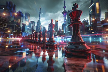 Digital knights engage in an epic battle on a futuristic cityscape chessboard, with towering pieces and intense lighting creating a dynamic scene.