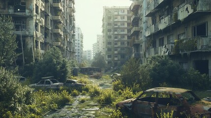 postapocalyptic city abandoned buildings and overgrown streets dystopian 3d rendering