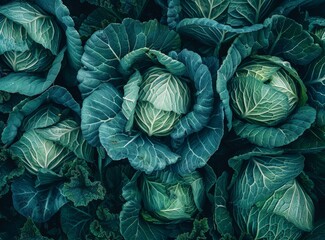 Close up of green cabbage heads growing in the garden, textured background with copy space.