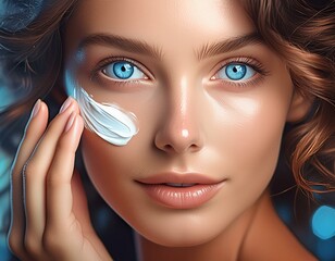 Wall Mural - Close-up of a woman's face with blue eyes and brown hair. She is applying a cream to her face.