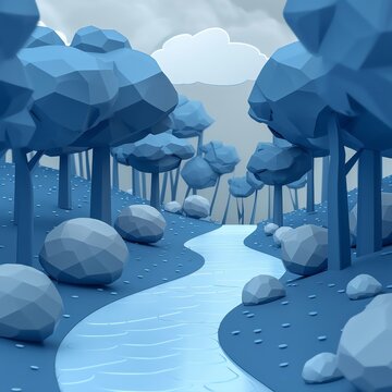 3D illustration of a serene blue forest with a winding river flowing through, surrounded by abstract trees and rocks under a cloudy sky.