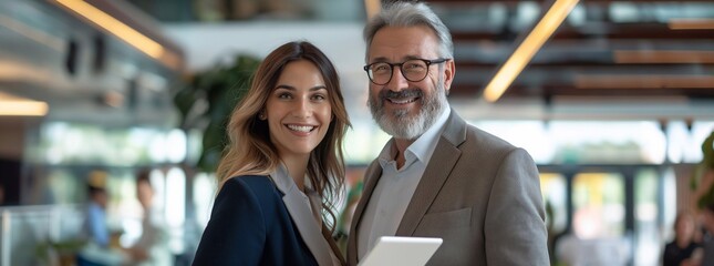 Smiling middle-aged business man and young woman holding tablet in modern office. generative AI