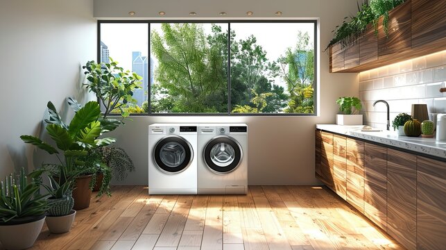 A laundry room with two washing machines in the center, a white window, 1 window, modern minimalist style, white, realistic scene, rich in details,ealistic style