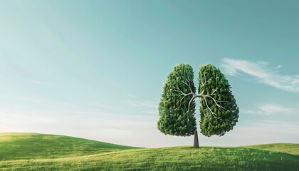 Aufkleber - Photo realistic depiction of a tree shaped like lungs standing on a green hill under a clear blue sky, symbolizing the vital connection between nature and respiratory health