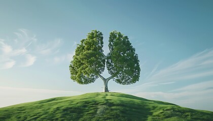 Aufkleber - Photo realistic depiction of a tree shaped like lungs standing on a green hill under a clear blue sky, symbolizing the vital connection between nature and respiratory health