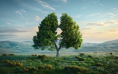 Aufkleber - Realistic photo of a unique tree shaped like lungs in an open grassy landscape, emphasizing the importance of clean air and healthy lungs under a gradient sky