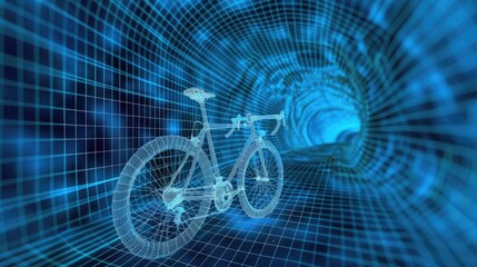 Wall Mural - Blue wireframe of bike Blue tunnel 3d render
