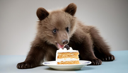 Poster - Baby Grizzly Bear Eating a Cake