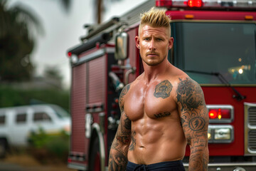 Canvas Print - A tattooed firefighter showing athletic abs, muscle arms and muscle chest