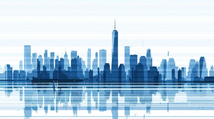 Wall Mural - Blue striped skyscraper silhouette city down town business center financial background.