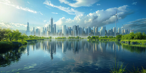 Wall Mural - Futuristic Eco-Friendly City by Water