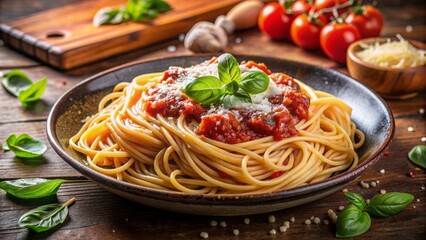 Appetizing plate of steaming hot spaghetti swirled in rich tomato sauce, garnished with fresh basil leaves and sprinkled with grated parmesan cheese.