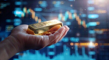 Poster - A hand holding a gold bar with financial charts and graphs in the background, symbolizing the correlation between gold and economic stability.